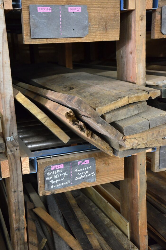 A section for reclaimed wood scraps in a lumberyard