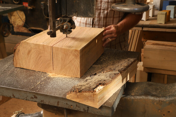 Cutting a green log on the bandsaw