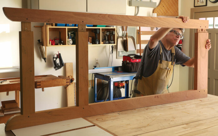 A dry-fit of the frame (right) will be followed by a glue-up with Titebond III and drawbore pegs.